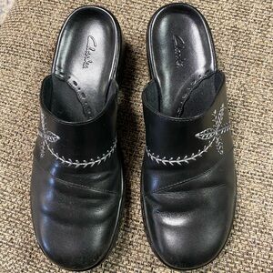 Clarks Black Embroidered Mules